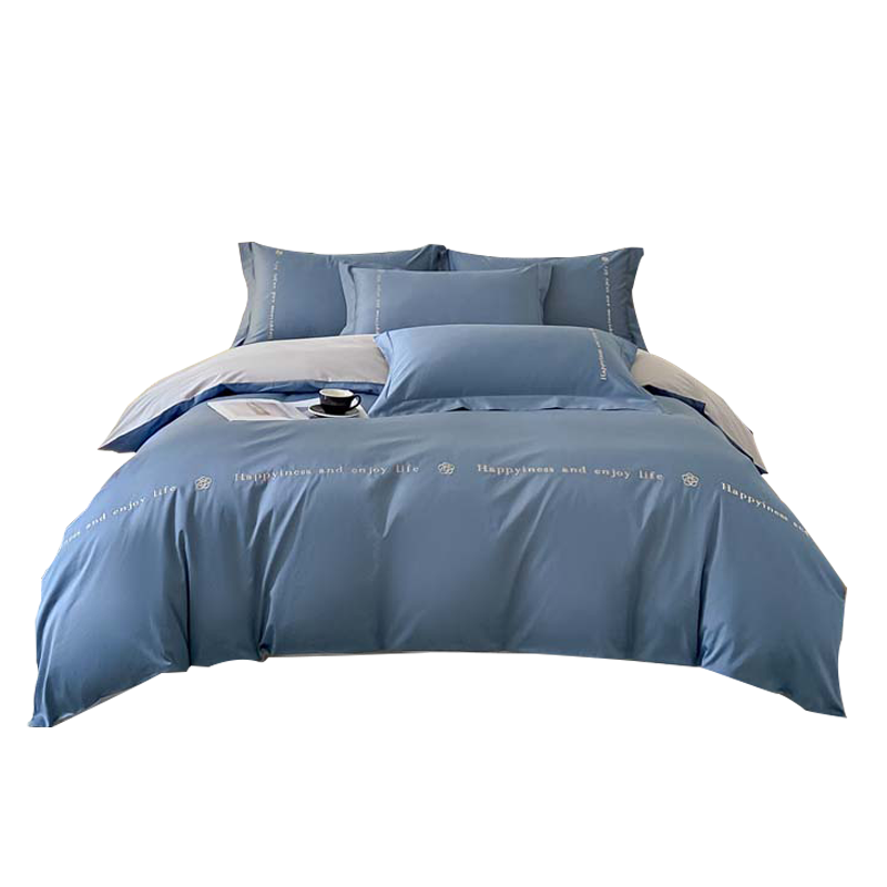 贡缎长绒棉绣花四件套 浪漫时节宝蓝