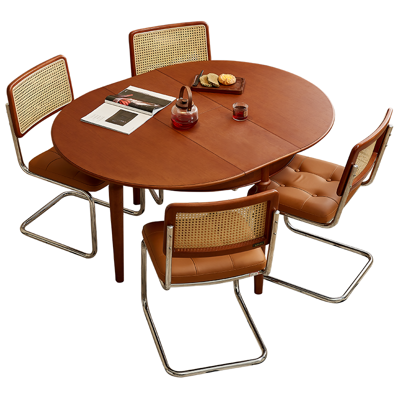 全友家居餐桌原木风多功能圆桌客厅餐厅可伸缩实木桌腿吃饭桌子