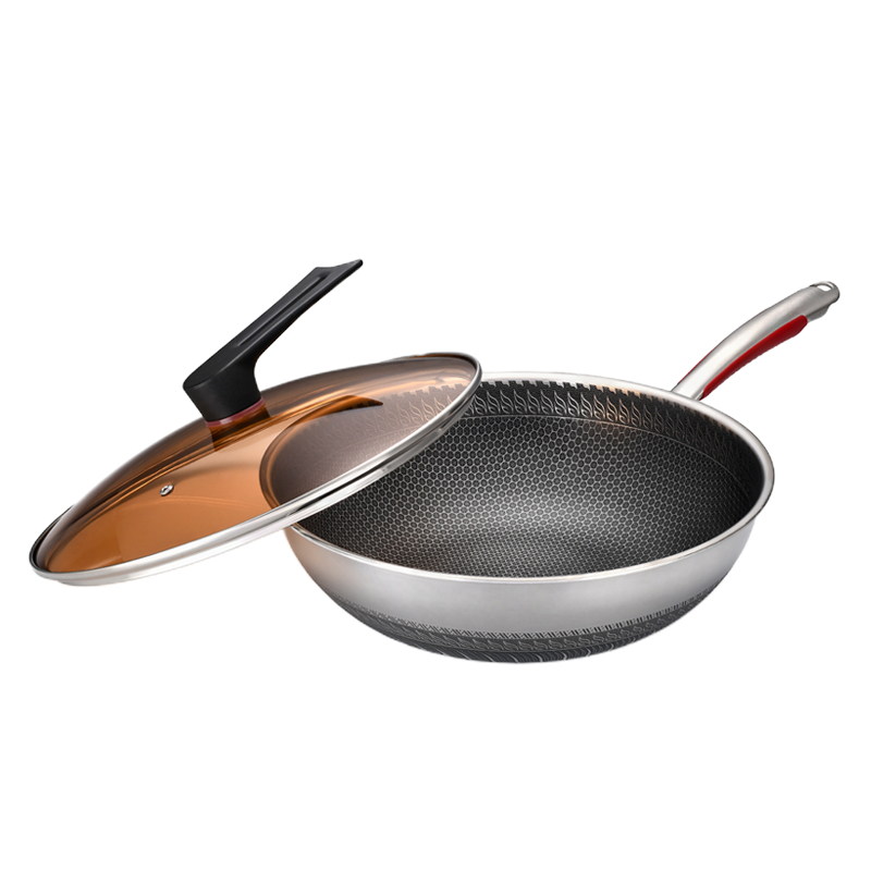 ACA炒菜锅不粘锅平底炒锅304不锈钢燃气煤气灶电磁炉通用34CM