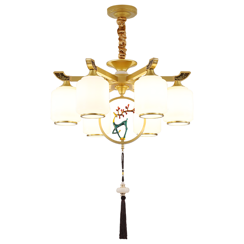 宏吉新中式全铜吊灯轻奢大气别墅客厅大吊灯中国风灯罩朝下餐厅灯