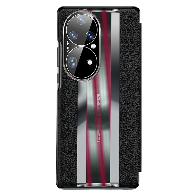 适用 适用华为P50皮套手机壳头层牛皮荔枝纹设计P50pro全包防摔壳P50pro保时捷真皮翻盖保护套