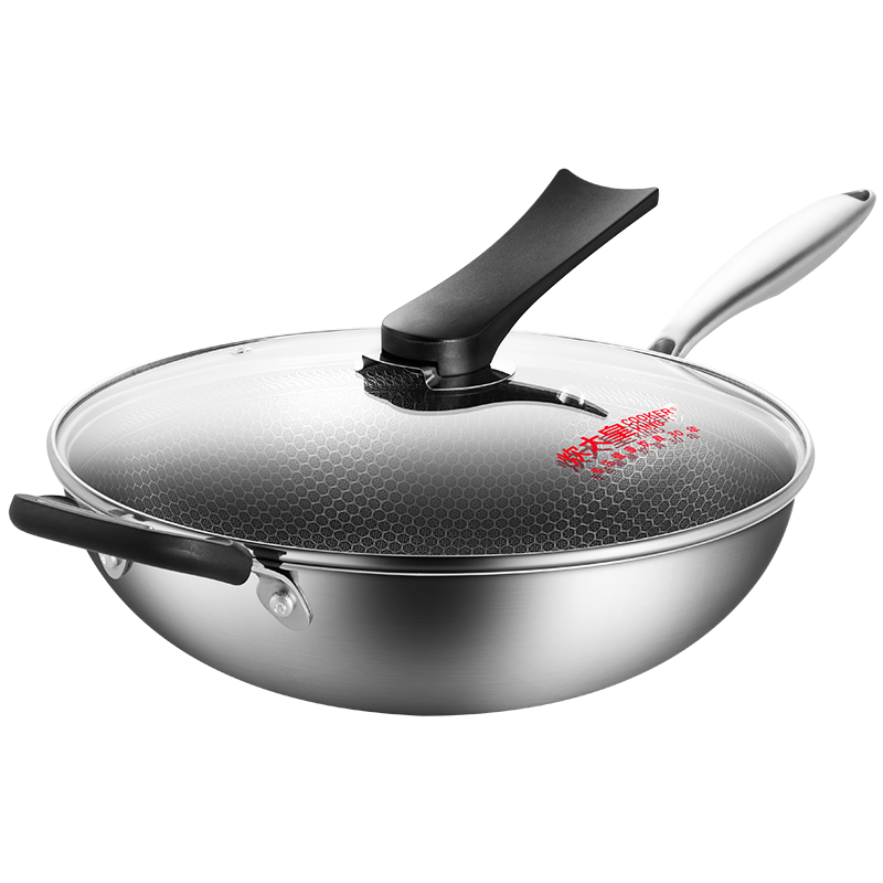 炊大皇304不锈钢炒锅34cm 全面屏多层钢家用蜂窝纹不粘锅具明火磁炉通用CG34QM