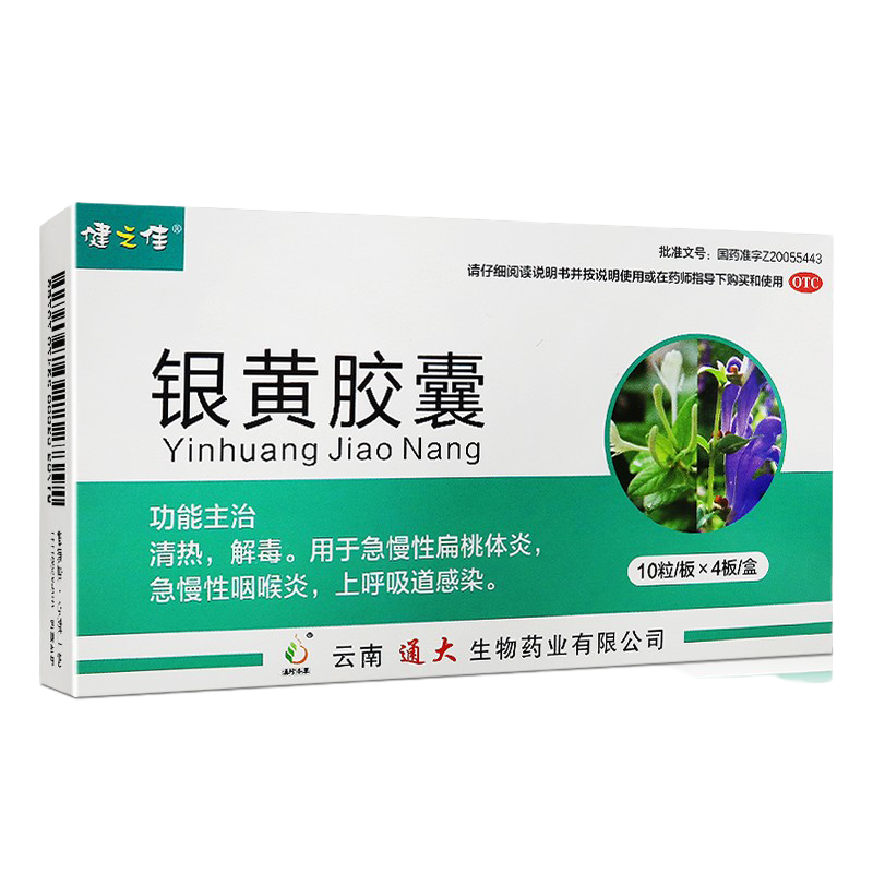 40粒]健之佳银黄胶囊0.3克*10粒*4板 清热解毒 扁桃体炎 云南通大