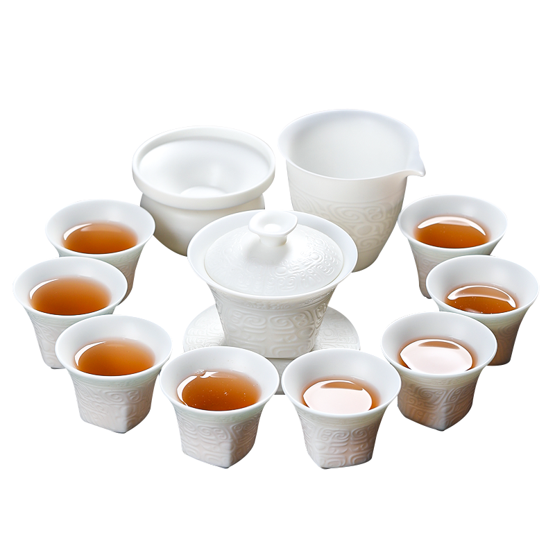 MULTIPOTENT整套功夫茶具中国白羊脂玉瓷套组青铜浮雕11头精美伴手礼盒套装