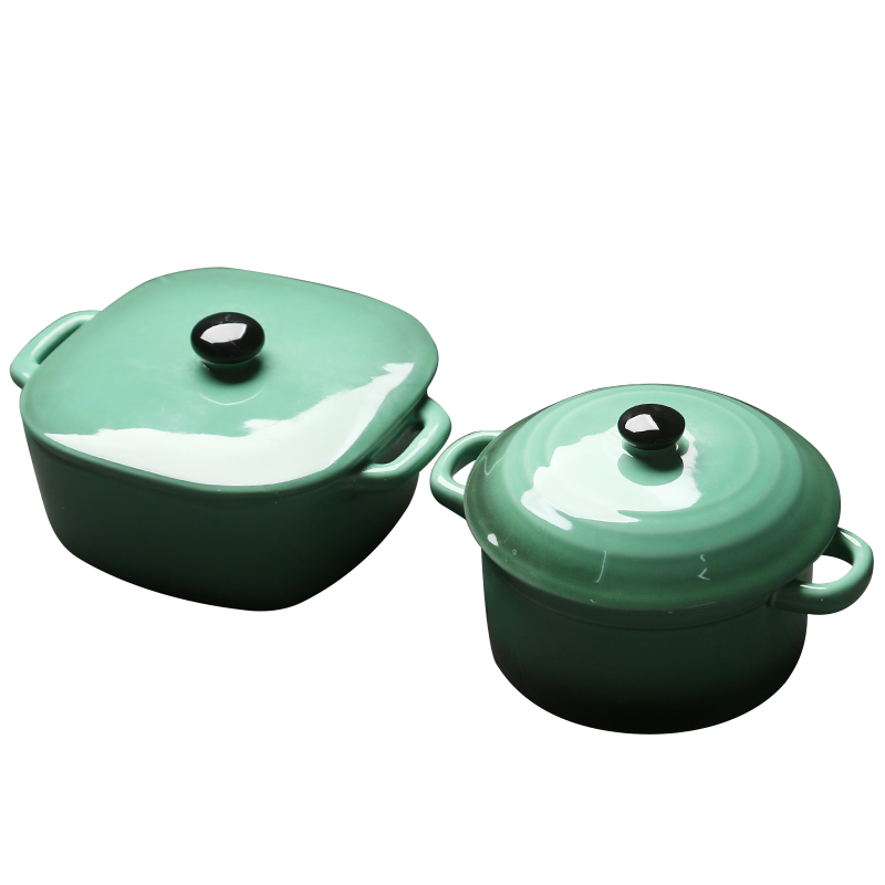 苏氏陶瓷创意双耳带盖燕窝补品汤盅炖罐汤煲蒸蛋盅陶瓷甜品汤锅汤碗一方一圆2个装(深绿)