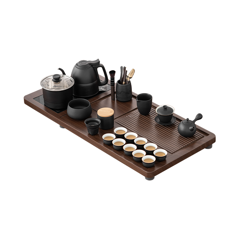 苏氏陶瓷(SUSHI CERAMICS)茶具套装胡桃木色国潮风轻奢粗陶茶具自动烧水壶一体整套茶盘茶台