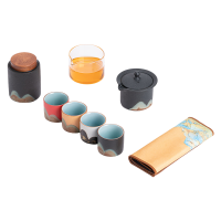 苏氏陶瓷(SUSHI CERAMICS)手绘釉画彩千里江山四色杯行云壶套装禅黑文创伴手礼套组
