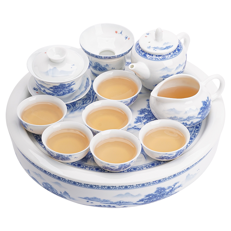 苏氏陶瓷(SUSHI CERAMICS)国潮青花功夫茶具大套组储水托盘三才盖碗泡茶壶礼盒装薄胎茶杯