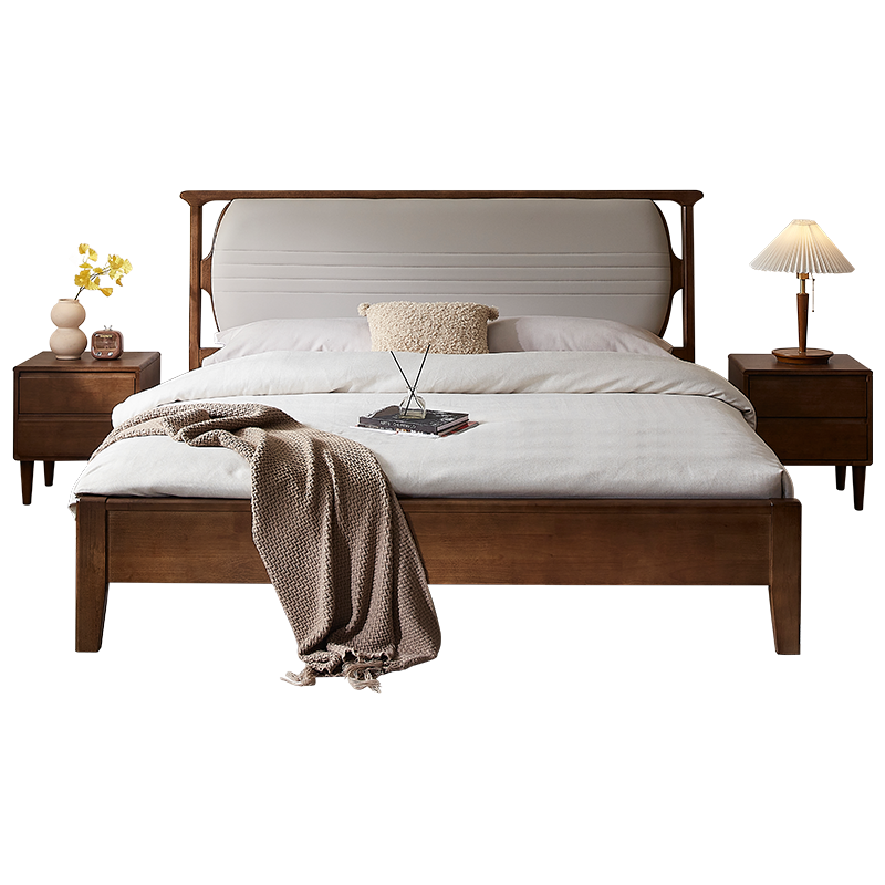 全友家居新中式简约现代实木床全实木双人床卧室软包床屏家具