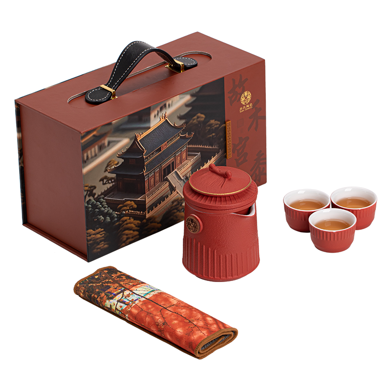 苏氏陶瓷(SUSHI CERAMICS)国潮宫廷红旅行茶具故宫禾黍一壶三杯茶巾功夫茶具礼盒套装伴手礼