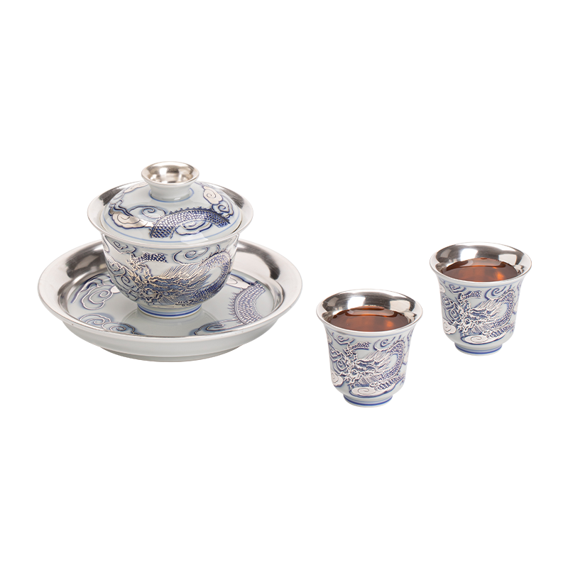 苏氏陶瓷(SUSHI CERAMICS)鎏银龙腾四海三才盖碗套装非遗大师郑文强作品功夫茶具礼盒