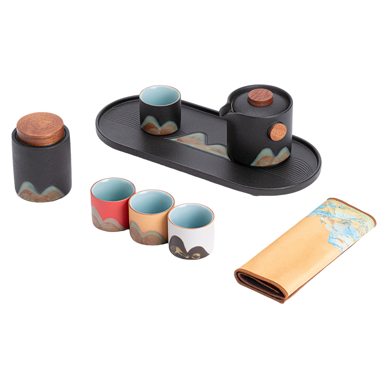 苏氏陶瓷(SUSHI CERAMICS)手绘釉画彩千里江山四色杯云舒壶套装干泡盘禅黑文创伴手礼套组