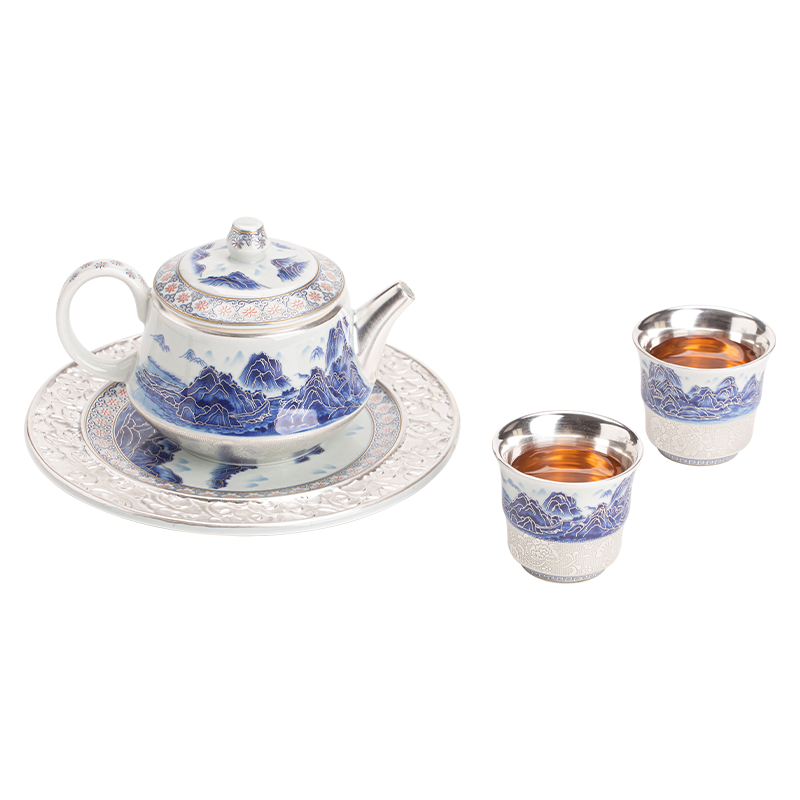 苏氏陶瓷(SUSHI CERAMICS)鎏银千里江山国风轻奢茶壶小套组非遗大师郑文强作品伴手礼