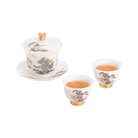 苏氏陶瓷(SUSHI CERAMICS)素烧羊脂玉瓷翠山迎客一碗两杯国家一级技师王文克老师作品
