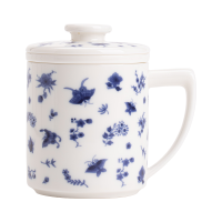 苏氏陶瓷(SUSHI CERAMICS)茶杯羊脂玉青花蝴蝶兰陶瓷茶格盖杯过滤办公杯礼盒装