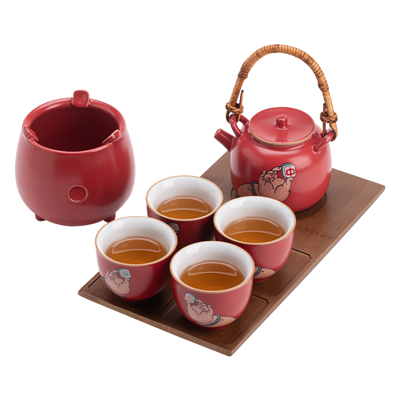 苏氏陶瓷(SUSHI CERAMICS)故宫红恭喜发财心意提梁壶茶具组