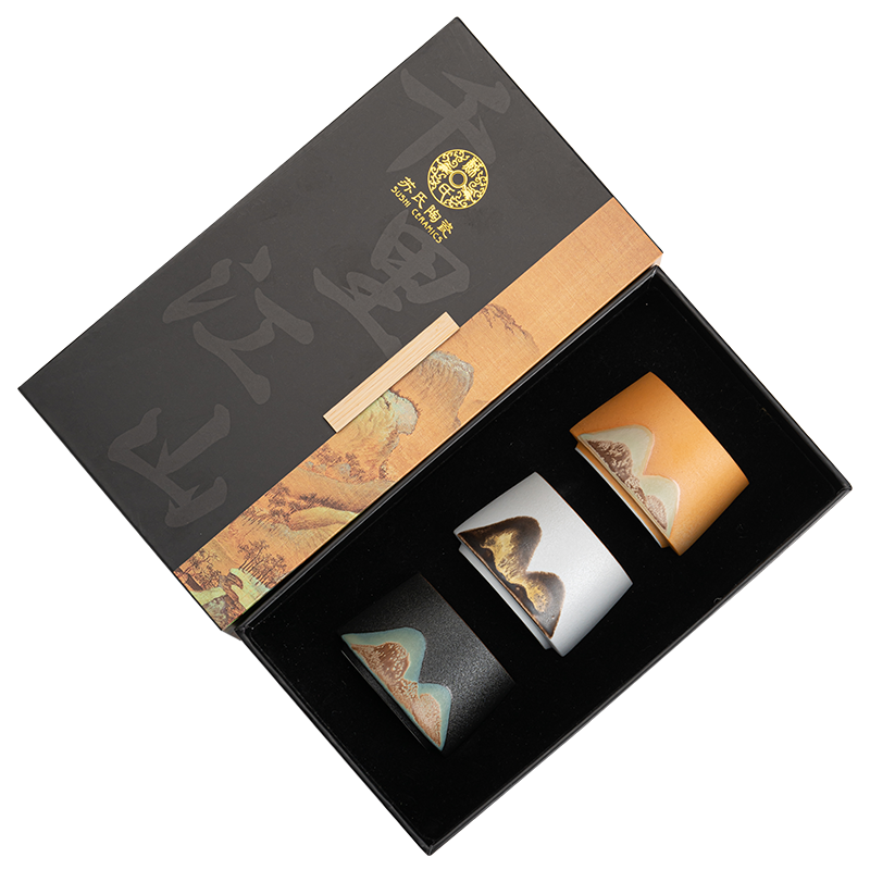 苏氏陶瓷(SUSHI CERAMICS)手绘山水画茶杯三色功夫茶杯主人杯中国风千里江山文创伴手礼礼盒装(青定杯)