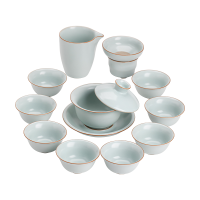 苏氏陶瓷(SUSHI CERAMICS)悬停三才盖碗汝窑开片八杯具可养金线带礼盒装