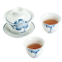苏氏陶瓷三才盖碗手绘青花陶瓷薄胎功夫泡茶碗带两个茶杯礼盒装
