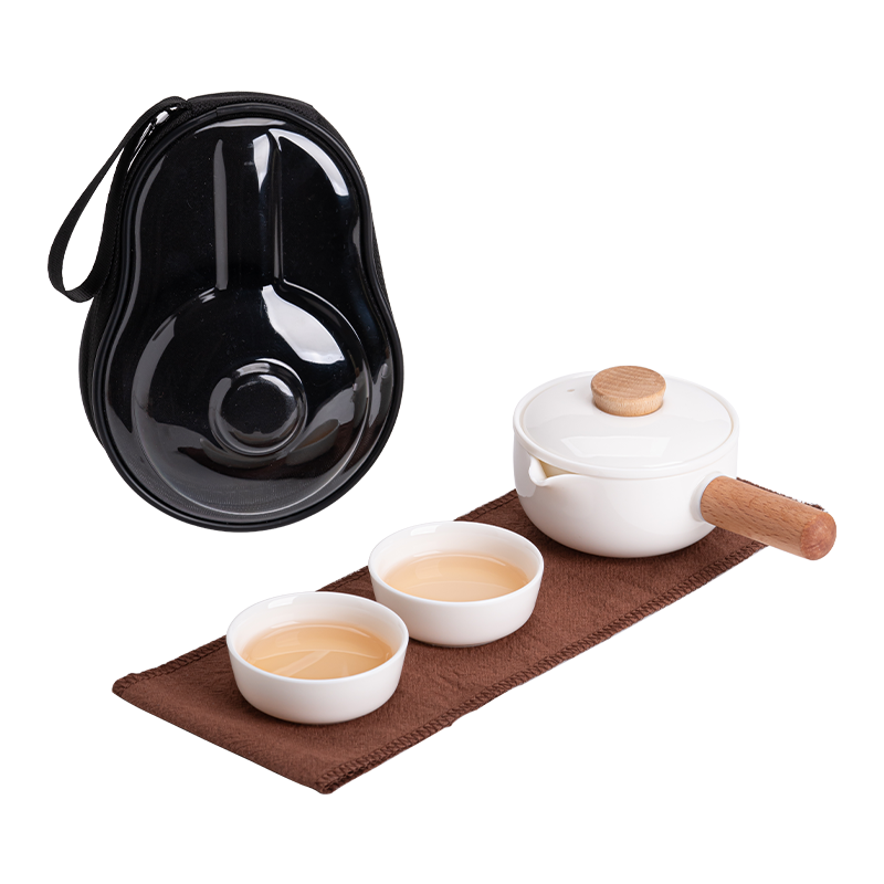 苏氏陶瓷(SUSHI CERAMICS)羊脂玉瓷木柄侧把壶快客杯便捷茶具旅行包