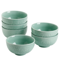 苏氏陶瓷(SUSHI CERAMICS) 青瓷釉陶瓷碗花开富贵米饭碗汤碗6件套装餐具