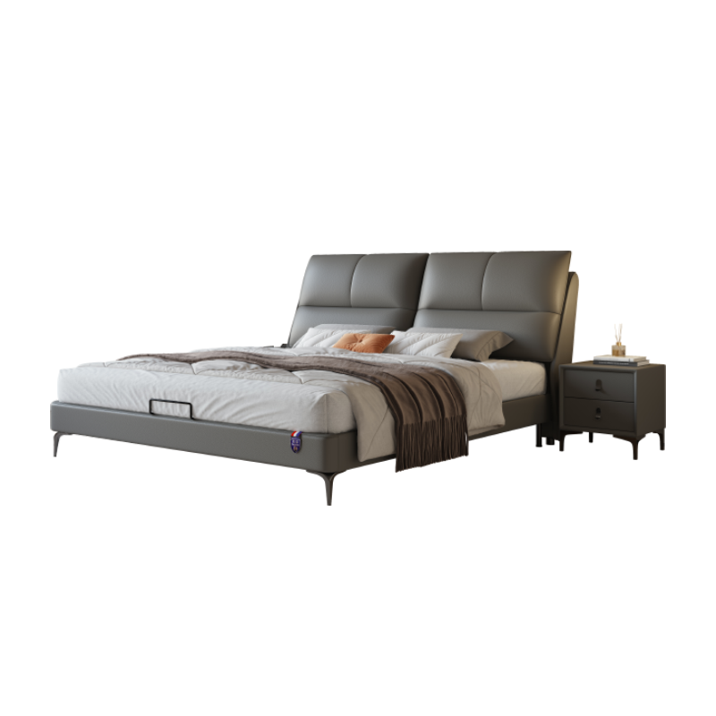 锐取 头层牛皮床 意式极简双人床1.8米主卧大床1.5实木框架床软靠皮床婚床