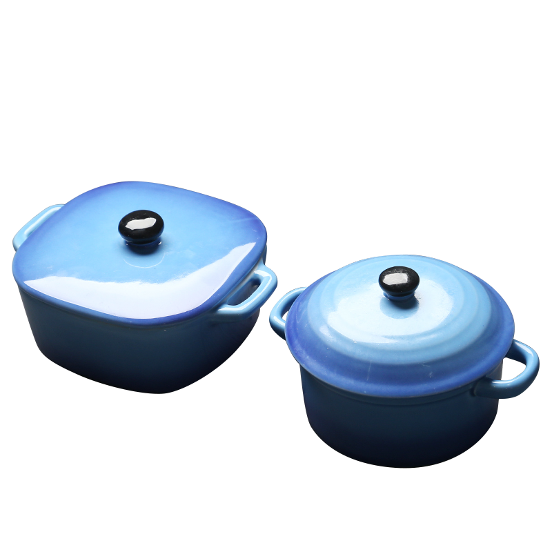 苏氏陶瓷 创意双耳带盖燕窝补品汤盅炖罐汤煲蒸蛋盅陶瓷甜品汤锅汤碗一方一圆2个装(深蓝小汤盅350毫升左右)