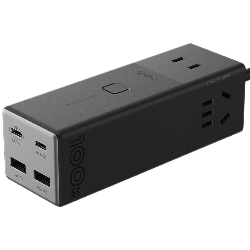 公牛(bull)MC1103全长1.5米卵石灰100W迷你款氮化镓插座智能快充立式插排电源转换器排插桌面充电站