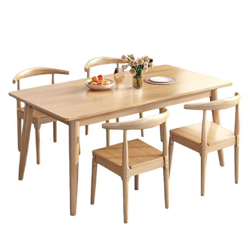 易企采 130*80CM一桌四牛角椅 橡胶实木简约现代小方桌正方形洽谈北欧简易桌椅组合家用小户型餐桌