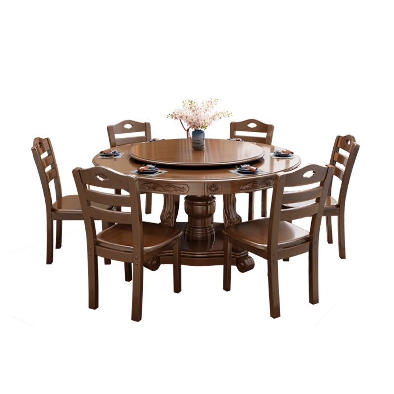 景山百岁 雕花圆桌 实木餐桌 带转盘组合餐桌 中式餐桌 家用现代简约餐桌 吃饭桌 116