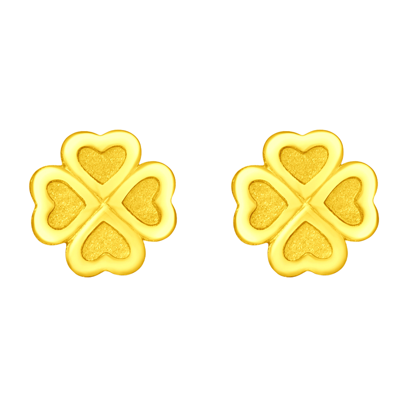 周大福ING系列幸福四叶足金黄金耳钉计价(工费180元)EOF194