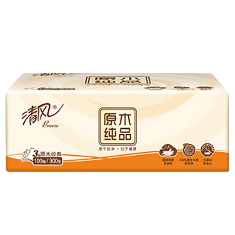 清风抽纸原木纯品湿水不易破不易掉屑3层100抽*18包BR12XSC24BC(包装随机)