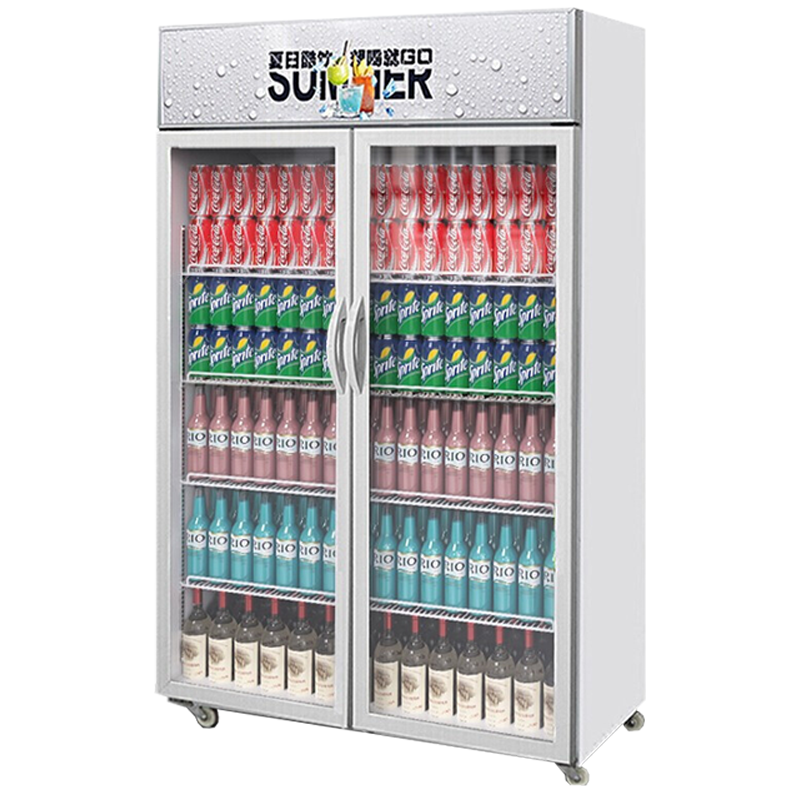 Lecon/乐创 双门银色-新款 直冷展示柜 冷藏柜红黑色商用冰柜冰箱啤酒饮品保鲜柜饮料单门冷柜680 LC-ZDG01