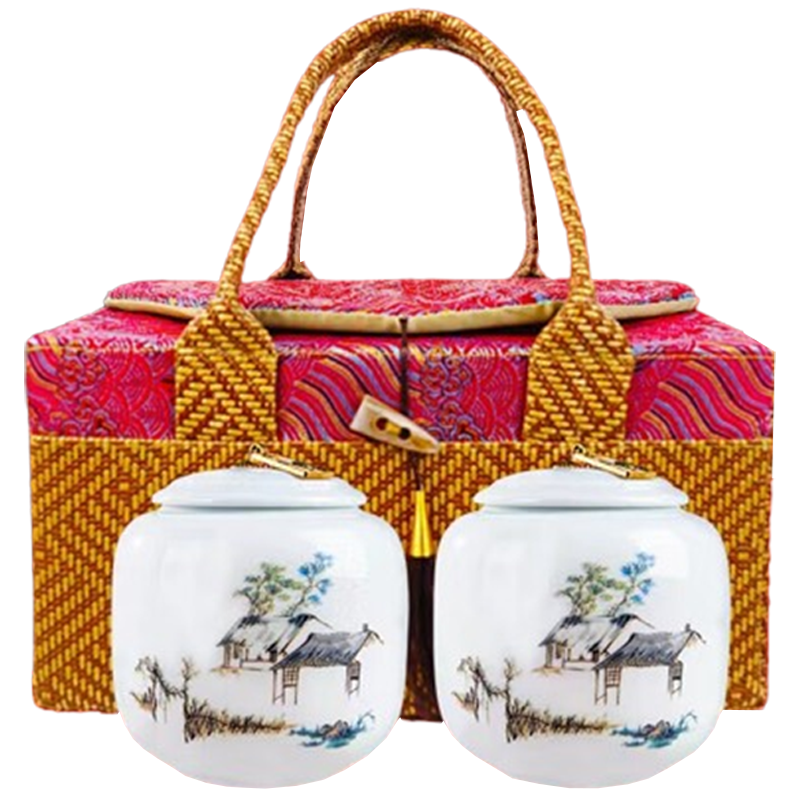 润虎茶叶礼盒福冠如意金骏眉武夷红茶双瓷罐藤编提花织锦礼袋250g