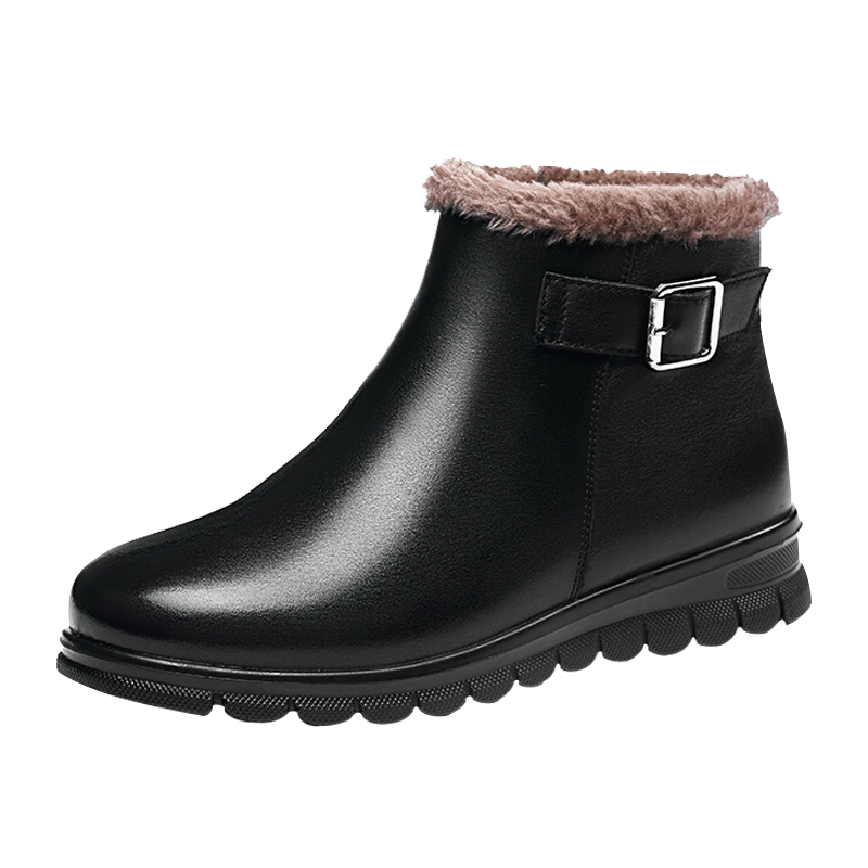 奥康女棉鞋冬季加绒保暖棉靴女中年牛皮短靴子妈妈棉皮鞋