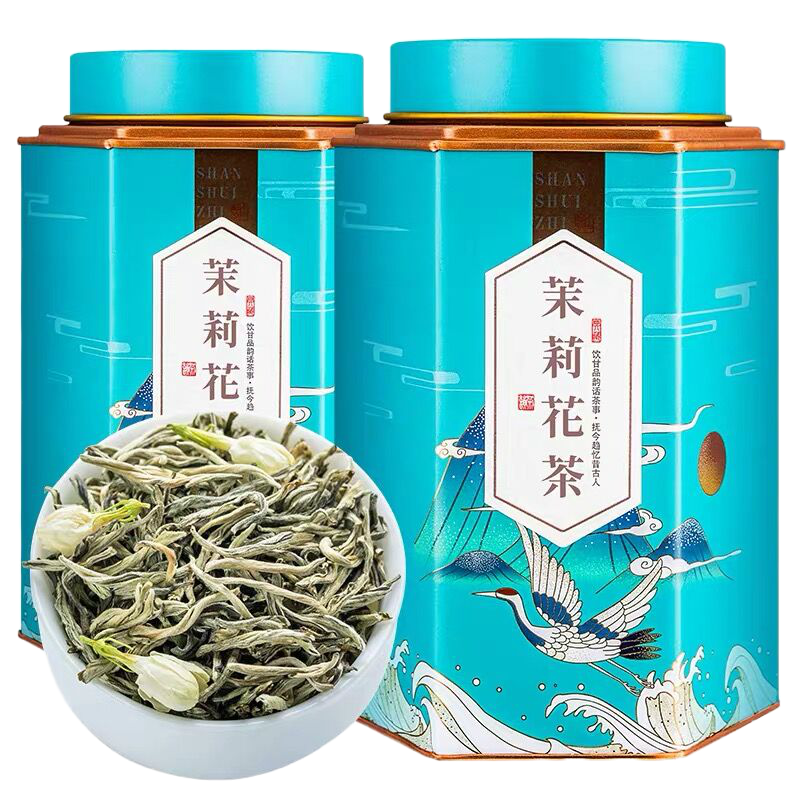 福岗 茉莉花茶特级绿茶茶包浓香型白豪茉莉花茶叶礼盒罐装500g