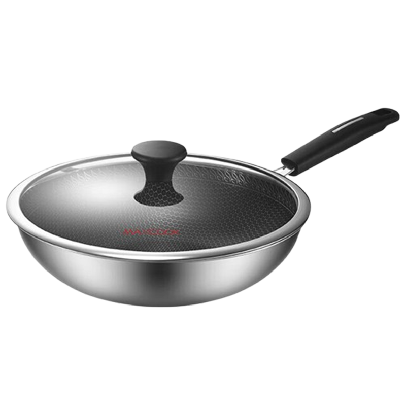 美厨炒锅304不锈钢炒菜锅32cm不粘炒锅三层钢燃气电磁炉通用MCC3889