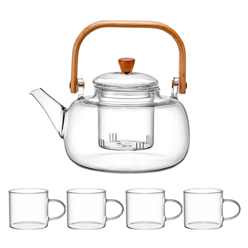 尚烤佳玻璃壶高硼硅玻璃茶汤分离木纹提手玻璃茶壶套装SKJ-543
