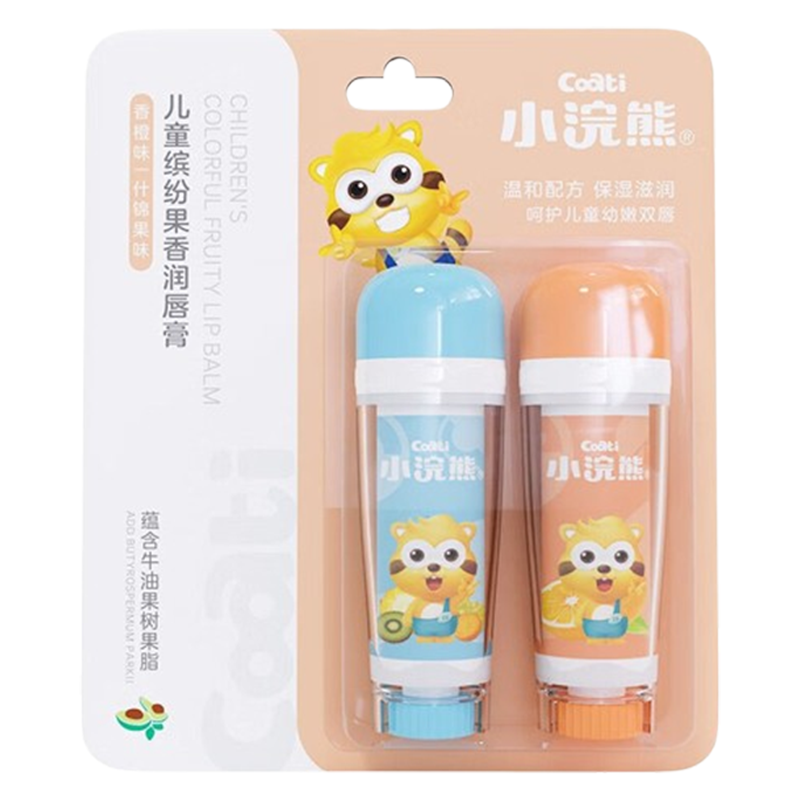 小浣熊唇膏1卡儿童倍润唇膏保湿防干水果口味缤纷果味唇膏3.5g*2支
