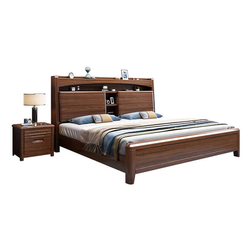 欧梵森 床 新中式床实木床双人床金丝胡桃木1.8米床1.5m床现代简约卧室主卧大床轻奢气压储物高箱现代婚床实木家具床