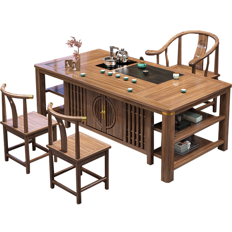 锦北 茶台茶具套装一体禅意茶几茶桌椅组合泡茶台1.28似锦+围椅+2月牙