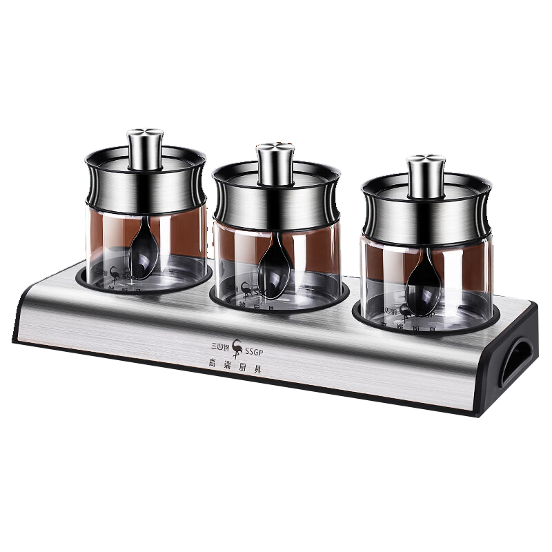 三四钢调料盒调料罐厨房玻璃调料瓶盐罐油壶套装家用密封防潮收纳盒组合 3件套:盐罐*3+底座 240ml