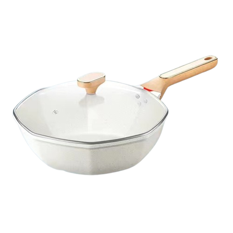 烘焙精灵八角锅家用麦饭石炒锅煤气灶电磁炉炒菜锅平底铁锅_月光白32cm有盖