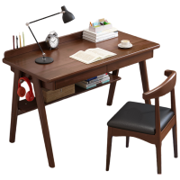 戴劲 木质书桌简约北欧电脑桌台式桌日式家用学习桌写字台卧室梳妆台办公桌子简易电脑桌 胡桃色1米双抽屉+牛角椅