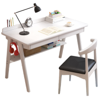 锦北 实木书桌简约北欧电脑桌台式桌日式家用学习桌写字台卧室梳妆台办公桌子简易电脑桌 白色1.2米双抽屉+牛角椅