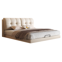 欧梵森北欧奶油风高端真皮床带感应灯悬浮床轻奢主卧软包云朵床双人床