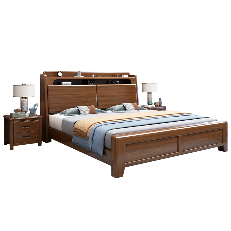 景山百岁 床 实木床 胡桃木床 双人床 现代中式家具 木质床 婚床 抽屉床1.8 1.5米高箱储物主卧床 021