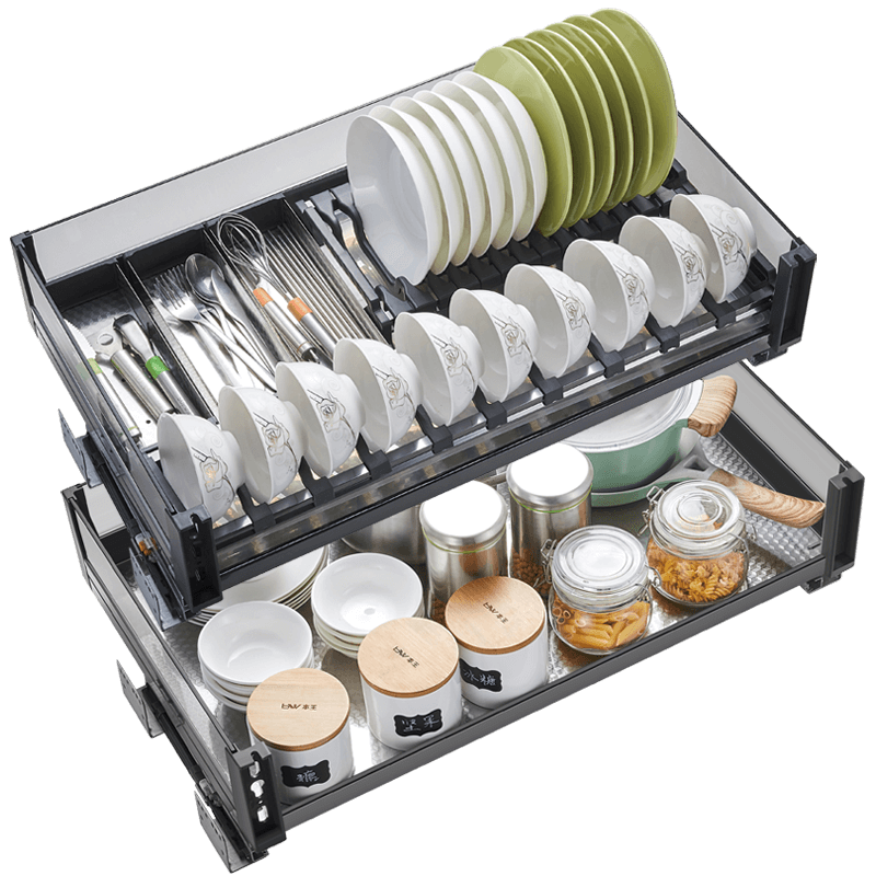 拉篮厨房橱柜双层调味碗碟柜内304不锈钢收纳碗架抽屉式碗篮