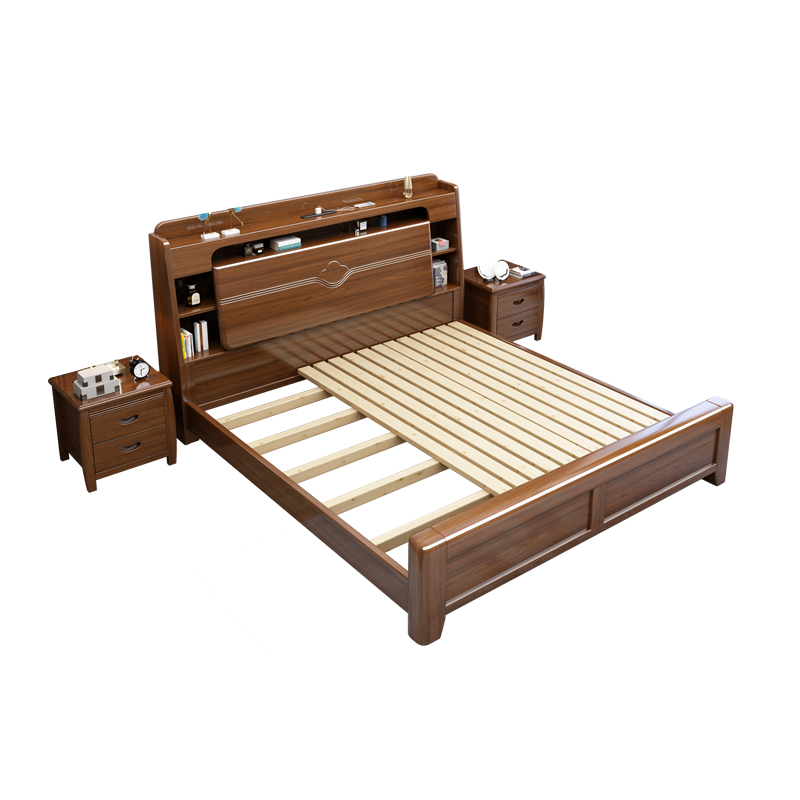 景山百岁 床 实木床 胡桃色床 双人床 现代中式家具 木质床 婚床 抽屉床1.8 1.5米高箱储物主卧床 021