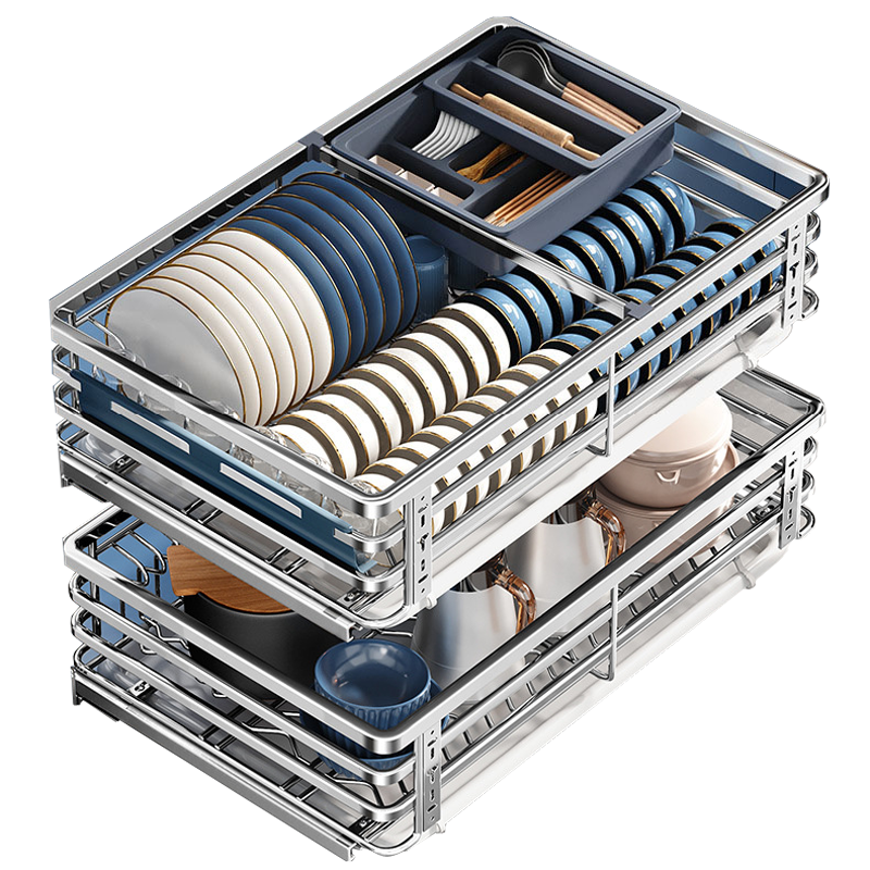 304不锈钢拉篮厨房橱柜调味料双层抽屉式碗碟架滑轨收纳碗篮